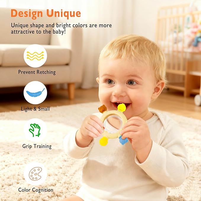 Baby Teething Toy for 0-6 6-12 Months Sensory Toys Baby Rattle Teether | Freezer Safe Silicone Teether | Silicone Baby Teething Ring for Teething Relief | BPA Free, Easy Grip Design for Infants