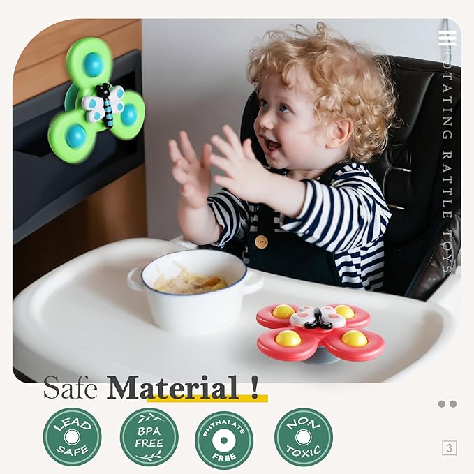 ALASOU 3PCS Suction Cup Spinner Toys for 1 Year Old Boy Girl|Spinning Top Infant Sensory Toys for Toddlers|1 2 Year Old Boy Christmas Birthday Gift|Baby Bath Toy Stocking Stuffers for Kids Ages 1-3