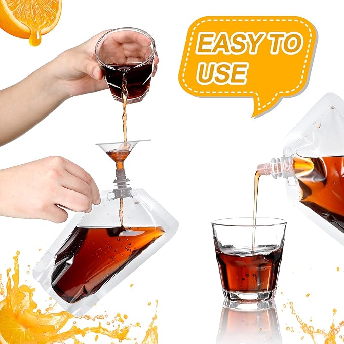 Meanplan 100 Pcs Plastic Pouches Bulk Reusable Squeeze Pouches Clear Plastic Juice Leak Proof Bags with Funnel for Party Favors Supplies(8 oz,Inclined Mouth)
