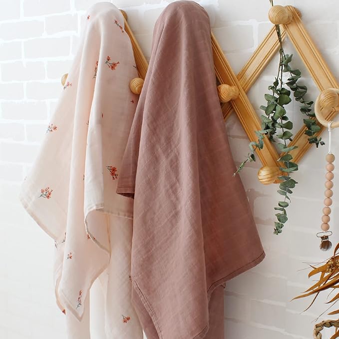 LifeTree Baby Girl Swaddle Blankets, Muslin Swaddling Wrap Receiving Blanket for Newborn, Organic Cotton, Large 47 x 47 inches, Solid Color/Flower Print