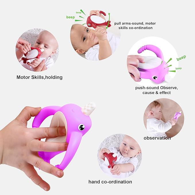 Best Baby Toy for 4Months Baby, Baby Teething Toys for 3-6 6-12 Months, Teething Relief Toys, Food Grade Silicone Montessori Baby Teether Toy for 3-6months, Sensory Toys for Teething Babies, Purple