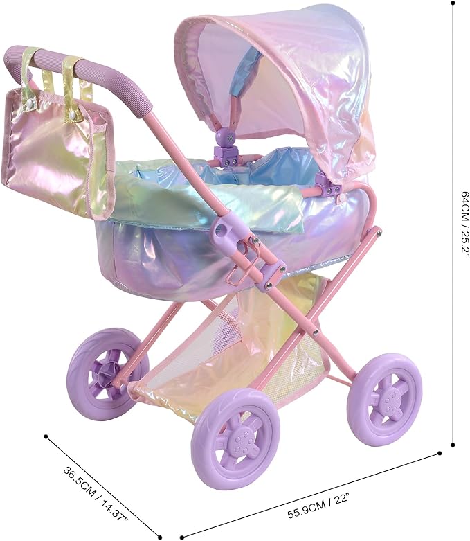 Olivia's Little World Baby Doll Stroller, 2-in-1 Doll Pram Buggy for Girls Age 3+, Fits up to 18” Dolls, Baby Stroller for Dolls, Stroller Toy for Kids, Iridescent