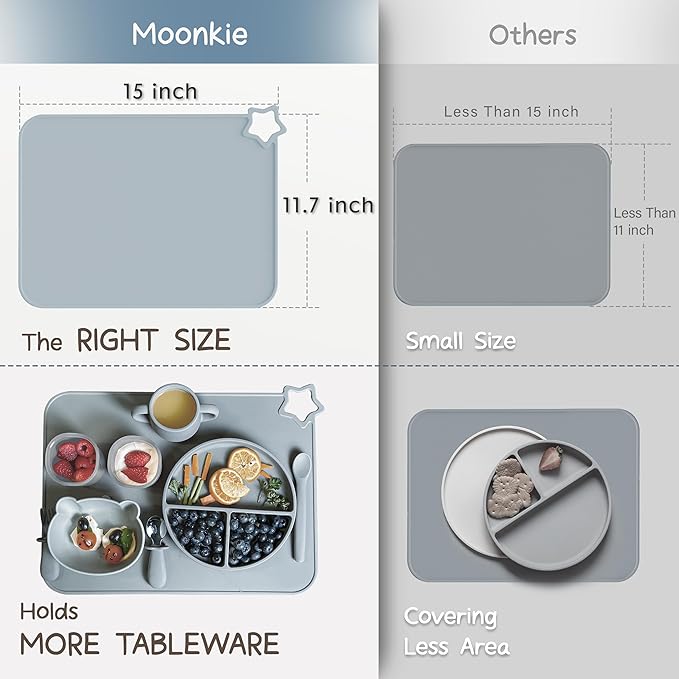 Moonkie Silicone Placemats for Baby & Kid, Stain-Proof Non-Slip Toddler Food Mats Eating Table Mat with 2 Packs(Ether/Sage