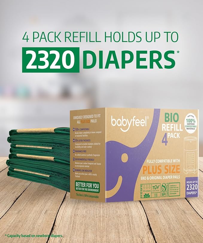 Babyfeel BIO Refills Compatible with DEKOR PLUS Diaper Pails | 100% Compostable | 4 Pack | 50% Extra Thickness | Compost Refill bags with Running Low Indicator | Powerful Odor Control | Fragrance-free