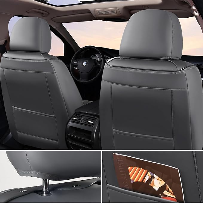 Doogo Car Seat Covers Full Set, Leather Seat Covers 5 Seats, Automotive Seat Covers, Waterproof Driver Seat Covers Universal Front and Rear Seat Covers Fit for Most Cars-Gray