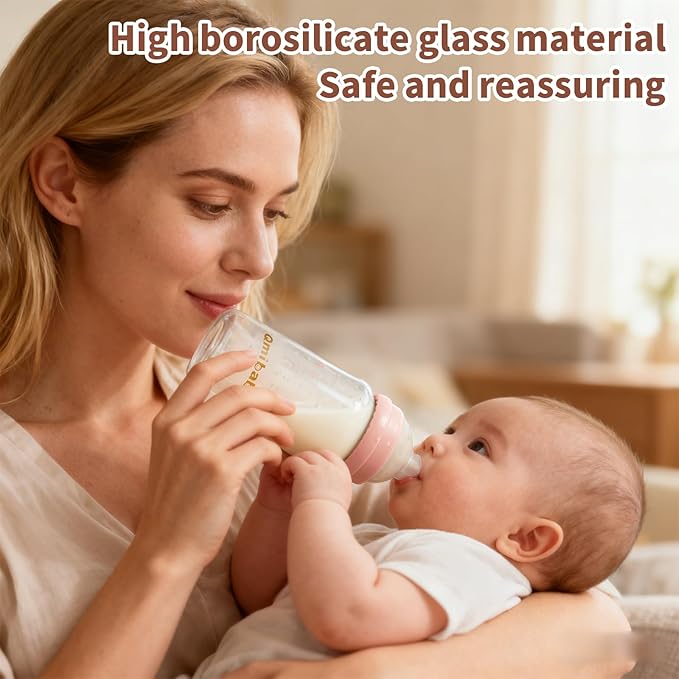 Breast Milk Storage Bottles 240ml 8oz BPA-Free Leak-Proof Natural Baby Bottle for Breastmilk Storage Wide Neck Bottles with Screw Ring Sealing Disk Breastfeeding (Grey+Pink, 240ml-6Packs)