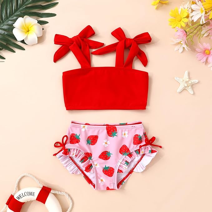 Toddler Swimsuit Girl Color Block Stripe Swimwear Baby Girl Summer Beach Bathing Suits Bikini Set with Ruffled Edges