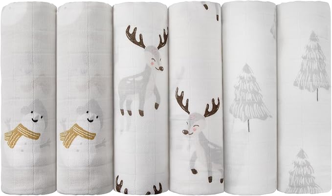 Maliton Muslin Swaddle Blankets for Newborn, 6-Pack Breathable Receiving Blanket (27" x 27") Soft Baby Blanket for Girls and Boys, Baby Burp Cloths with 3-Layer Cotton Design for Infant Wrap(Reindeer)