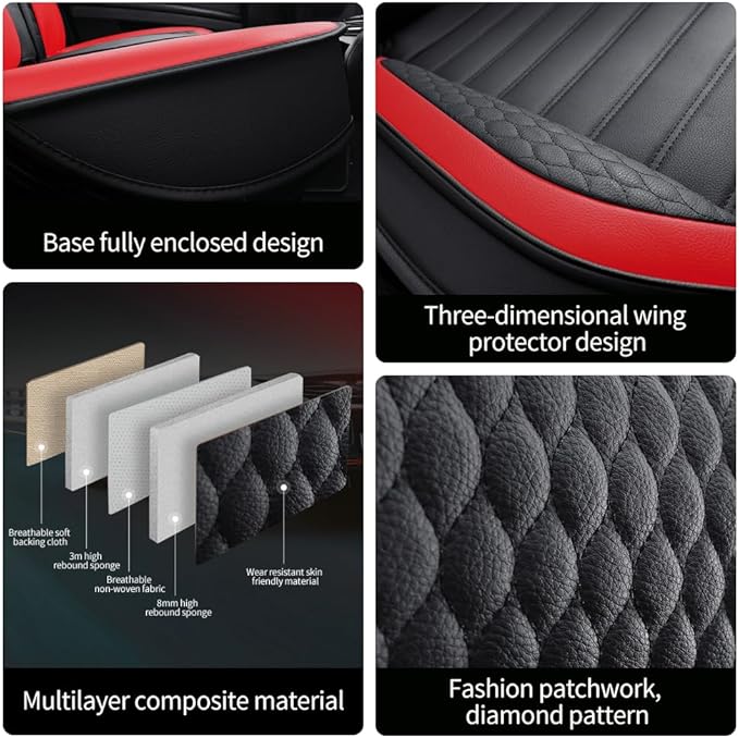 Leather Car Seat Covers for Toyota Corolla 2006-2024,Car Seat Covers Full Set,Seat Covers with Safety,Waterproof Seat Cover Compatible Airbag(5pcs Black&Red Bars Luxury)