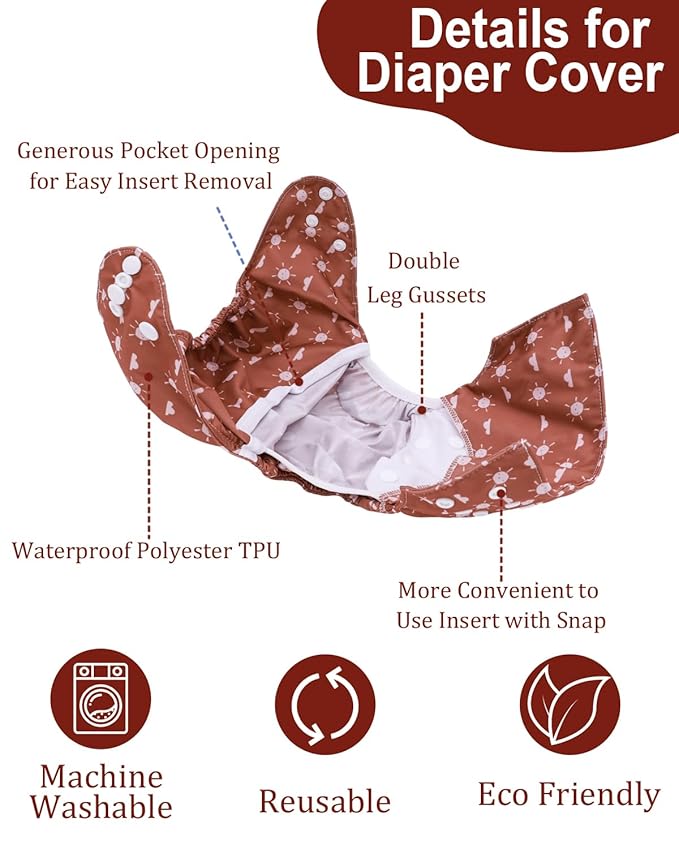 babygoal Cloth Diaper Covers 6 Pack with Wet Bag for Fitted Diapers and Prefolds with Double Gussets, Adjustable and Reusable for Baby Boys and Girls 6DCF12-B