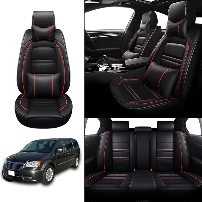 Car Seat Covers for Chrysler Car Town and Country 2000-2016 | 5-Seats Seat Covers, Waterproof Seat Protectors, Automotive Seat Covers (Full Set with Pillow,Black&Red Line)