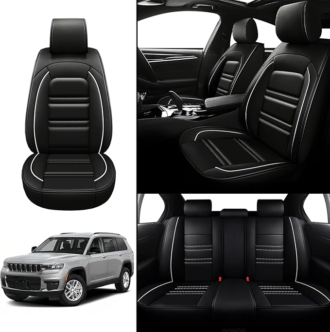 Seat Covers for JP Grand Cherokee 2011-2025 | 5-Seats Leather Seat Covers, Easy to Install Automotive Seat Covers Full Set (Full Set, Black&White Line)