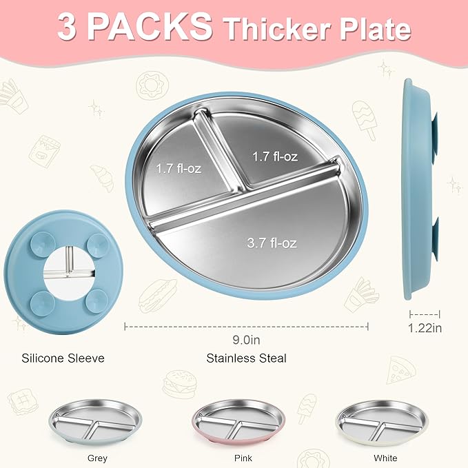 Bella's Friends Stainless Steel Toddler Plates Silicone Suction,3 Packs Non-Slip Baby Plates,Divided Portion,Food-Grade Silicone Plate for Kids,LEAD-FREE Dishwasher Safe, Gray White Pink