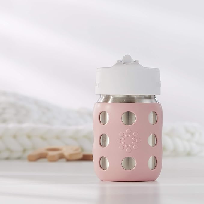 Lifefactory 8-Ounce Stainless-Steel Vacuum-Insulated Wide-Neck Baby Bottle with Straw Cap, Desert Rose, LS2241WDR4