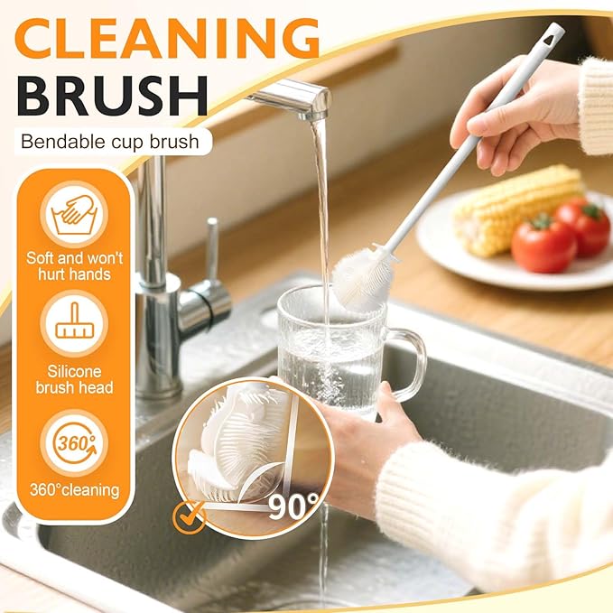 360° Flexible Silicone Bottle Brush with Long Handle,2025 New Multifunction Cleaning Foldable Cleaning Tool,Soft Bristle Silicone Cup Brush for Narrow Neck Bottles,Water Bottles (White/1pcs)