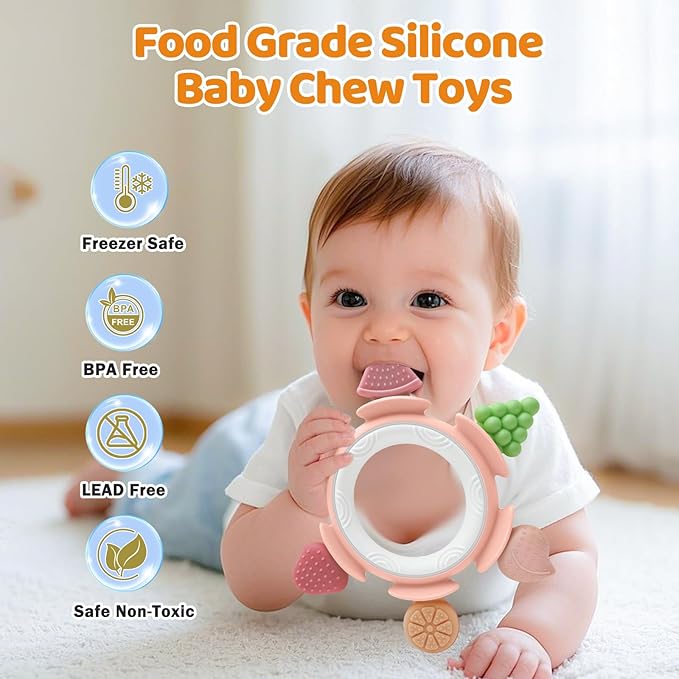 Baby Teething Ring Toy for 3–12 Months, Silicone Infant Teether for Sore Gum Relief, Soothing Sensory Chew Toy, Ideal Newborn Gift for Boys Girls Baby Shower, Birthday or Christmas, Pink