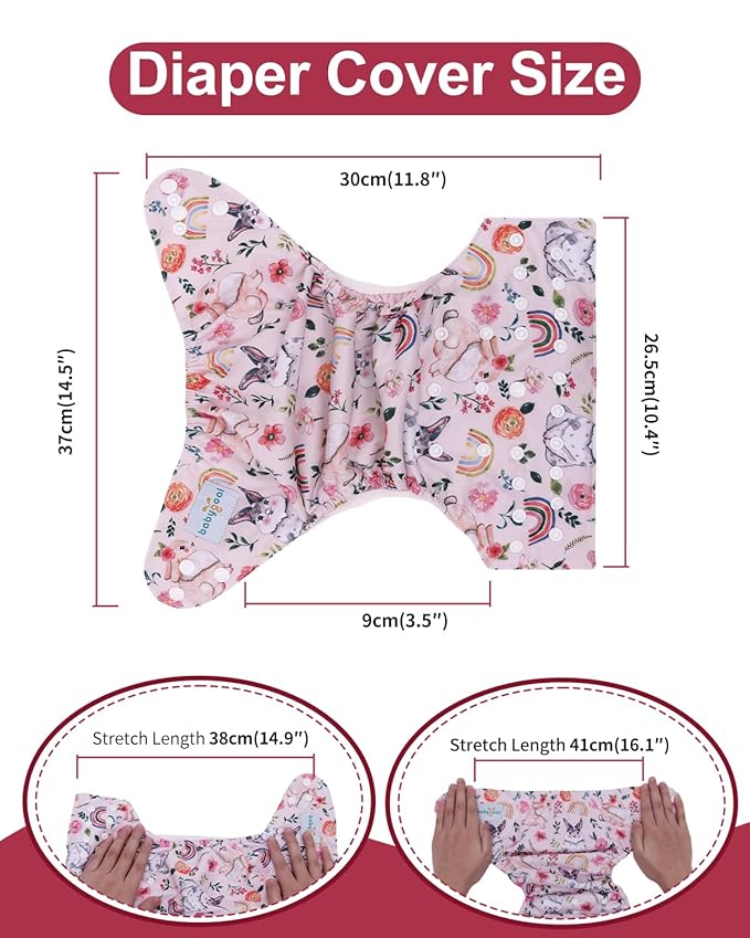 babygoal Cloth Diaper Covers 6 Pack with Wet Bag for Fitted Diapers and Prefolds with Double Gussets, Adjustable and Reusable for Baby Girls 6DCF15-B