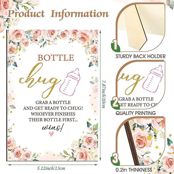 TrelaCo Floral Cool Baby Shower Games Bottle Chug Sign Wooden Floral Gift Sets Gender Reveal Party Favors and 12 Pcs Baby Bottle Shower Favor for Games Gender Reveal