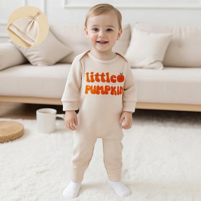 Newborn Infant Baby Boy Halloween Outfit Little Pumpkin Embroidery Romper Waffle Knit Long Sleeve Jumpsuit with Hat