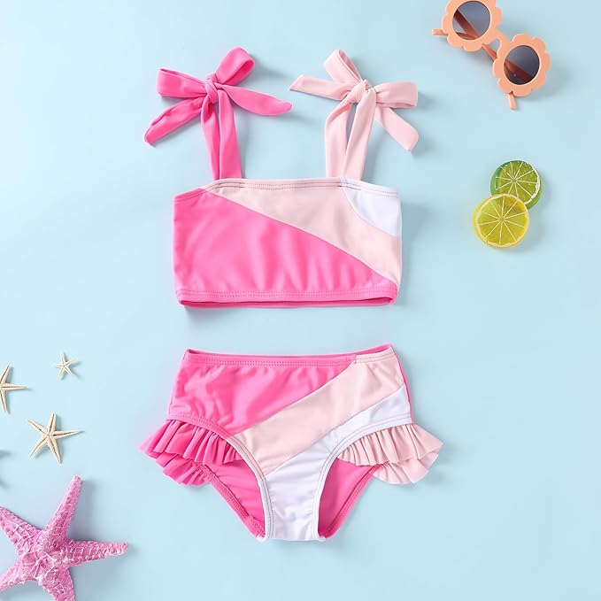 YOUNGER TREE Toddler Girls Two Pieces Swimsuit Color Block Stripe Swimwear Summer Beach Bathing Suit 18M-5T