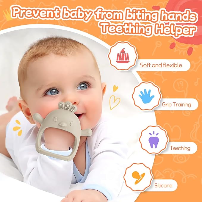 Tinabless Baby Teething Toys 5 Pack, Silicone Teething Mitten & Hand Teethers for Babies 3+ Months, BPA-Free Food Grade Silicone Chew Toys, Anti-Drop, Freezer Safe, Caramel
