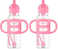 Dr. Brown's Milestones Narrow Sippy Straw Bottle, Spill-Proof with 100% Silicone Handles and Weighted Straw, 8 oz/250 mL, Pink, 6m+ (Pack of 2)