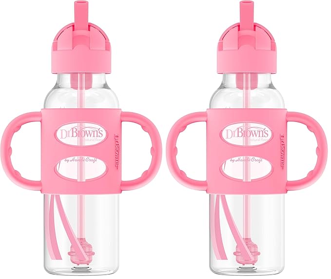 Dr. Brown's Milestones Narrow Sippy Straw Bottle, Spill-Proof with 100% Silicone Handles and Weighted Straw, 8 oz/250 mL, Pink, 6m+ (Pack of 2)