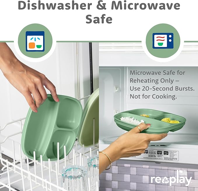 Re-Play Toddler Plates with Dividers - Deep-Walled 3 Compartments Divided Plates for Kids with 3 Lids - Dishwasher & Microwave Safe - Made in USA - Set of 3-7.37" x 7.37" x 1.25" - Desert Sands