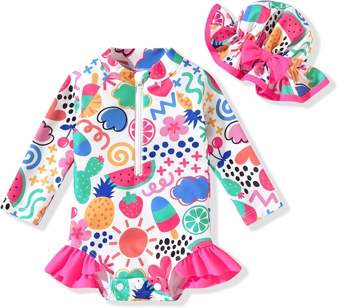 Aalizzwell Baby Girls Long Sleeve One Piece Swimsuit with Hat