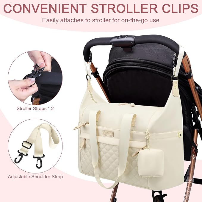 Pritent Diaper Bag Tote - Diaper Baby Bags with Pacifier Case, Shoulder Straps, Stroller Clips, Waterproof Large Mommy Maternity Travel Baby Bag for Mom and Dad, white