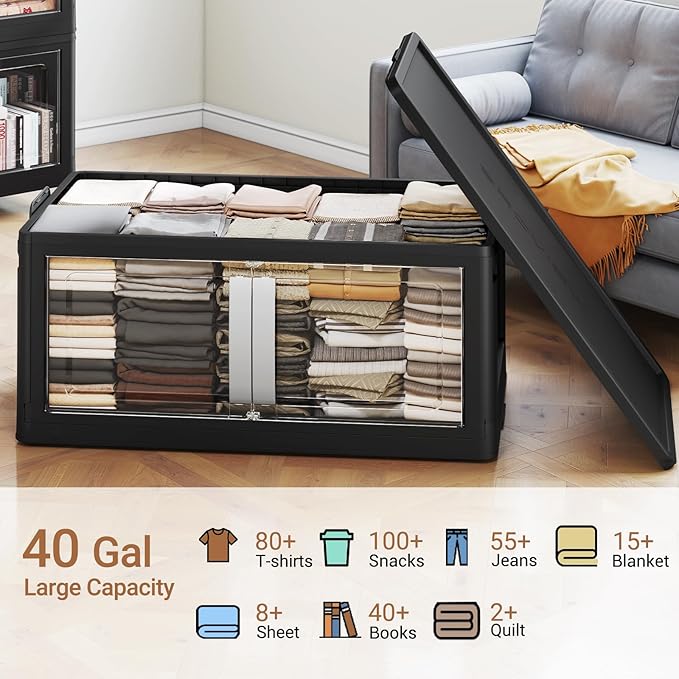 BROVIEW 160QT Stackable Storage Bins with Lids, 40Gal Extra Large Collapsible Storage Box with Wheel, Plastic Storages with Clear Door Open Front for Home Kitchen Garage, Black-1pack