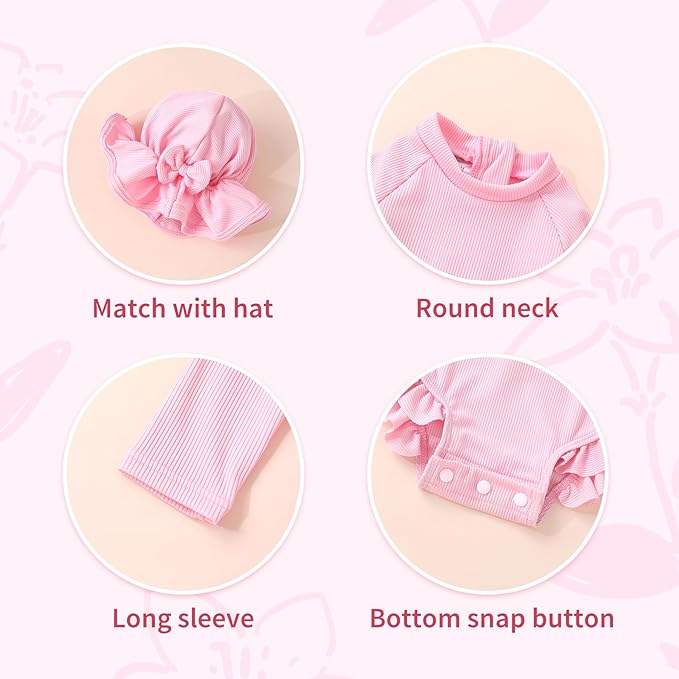 YOUNGER TREE Infant Baby Girls Swimsuit Long Sleeve Swimsuits One Piece Swimsuit Solid Color Bathing Suit with Hat, UPF 50+