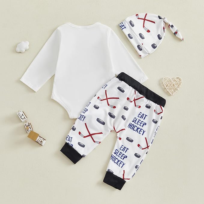 Baby Boy Hockey Outfit New Player in Town Long Sleeve Romper Long Pants Hat Set 3Pcs Newborn Fall Winter Clothes
