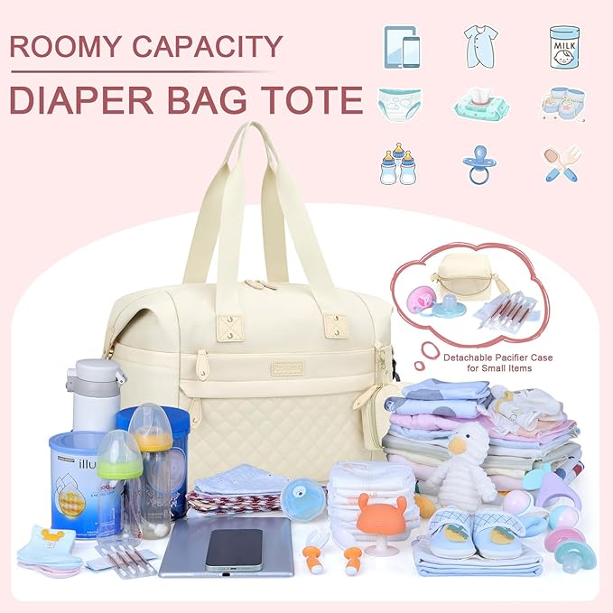 Pritent Diaper Bag Tote - Diaper Baby Bags with Pacifier Case, Shoulder Straps, Stroller Clips, Waterproof Large Mommy Maternity Travel Baby Bag for Mom and Dad, white