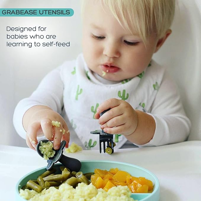 Grabease Baby Feeding Utensil Set - Ergonomic Self-Feeding & Toddler Spoon & Fork - Sturdy Plastic Training Silverware for Toddlers - Travel Pouch & Silverware for 1-Year-Olds - Lavender, Pack of 1