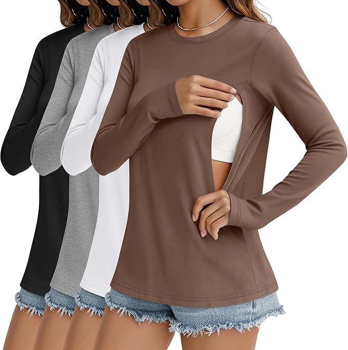 4 Pack Women's Nursing Breastfeeding Tops, Long Sleeve Maternity Shirts Loose Fit Hidden Zipper Pregnancy Clothes