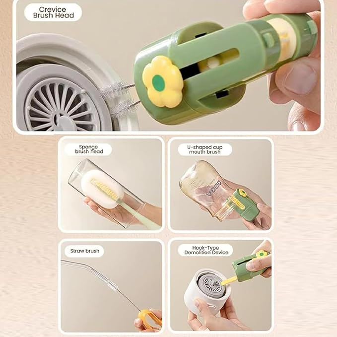 5 in 1 Bottle Cleaning Brush Set, 5‑in‑1 Multifunctional Bottle Cleaning Brush Set, Straw Cleaner Brush for Baby Bottles, Multifunctional Detachable Water Bottle Brush (1PCS Green)