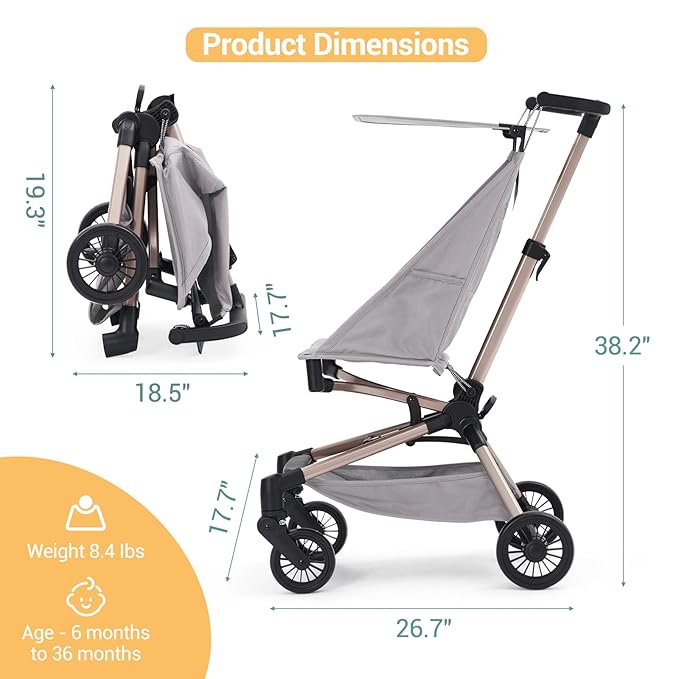 Lightweight Baby Travel Stroller – Compact & Airplane-Friendly Design, One-Hand Fold, 8.4 Lbs Carbon Fiber Frame, Breathable Fabric, Overhead Luggage Compatible, Perfect Infant & Toddler Stroller,Grey