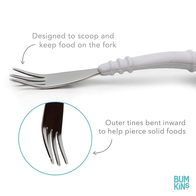 Bumkins Toddler Utensils, Kids Size Fork and Spoon Set, Silicone and Stainless-Steel Training Silverware, Angled Forks / Sporks for Self-Feeding, Children Hold Learning to Eat, 18 Months Up, Purple
