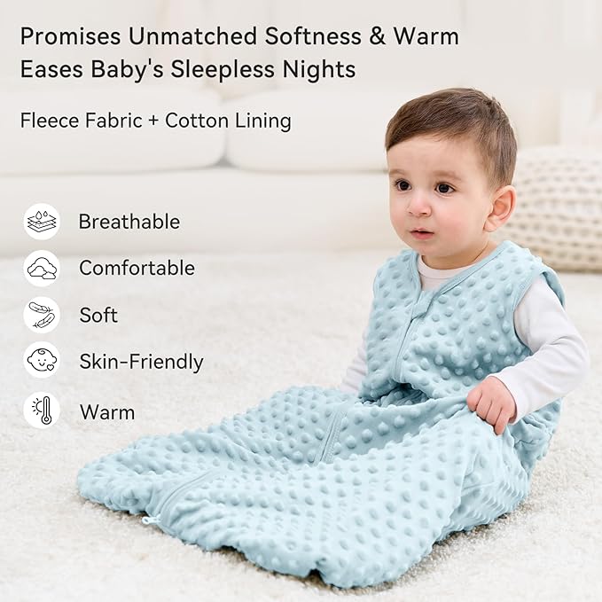 Fleece Baby Sleep Sack 18-24 Months with Plush Dots 1.5 Tog Baby Wearable Blanket with 2-Way Zipper Warm Sleeping Sack for Toddler Infant - XLarge, Sky Blue