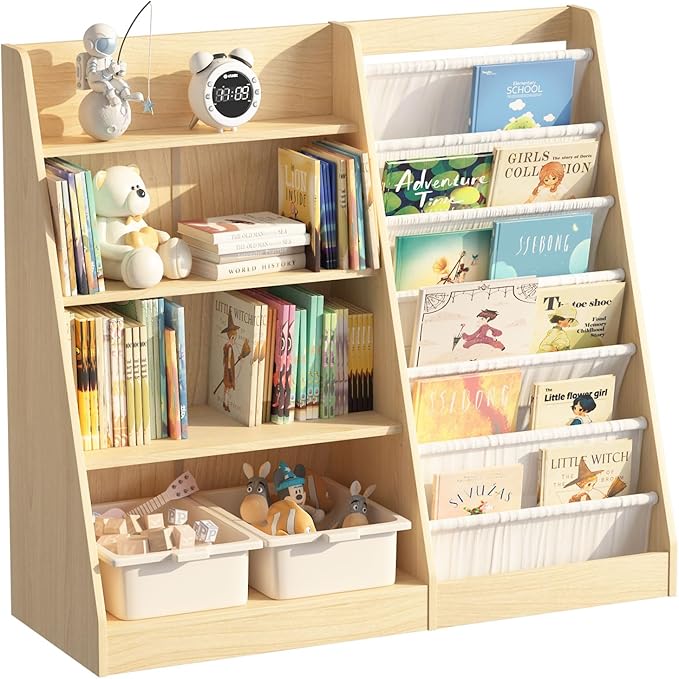 4 Tier Kids Bookshelf Baby Toddler Book Rack Children Bookcase Toy Storage Organizer with 6 Sling Adjustable Shelf for Nursery Playroom Classroom Library Bedroom Natural Wood