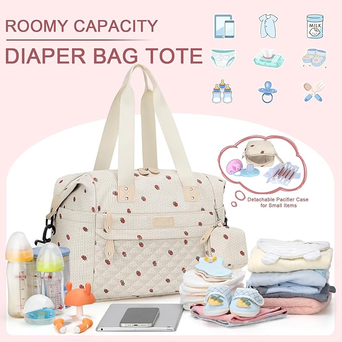 Pritent Diaper Bag Tote - Diaper Baby Bags with Pacifier Case, Shoulder Straps, Stroller Clips, Waterproof Large Mommy Maternity Travel Baby Bag for Mom and Dad, strawberry