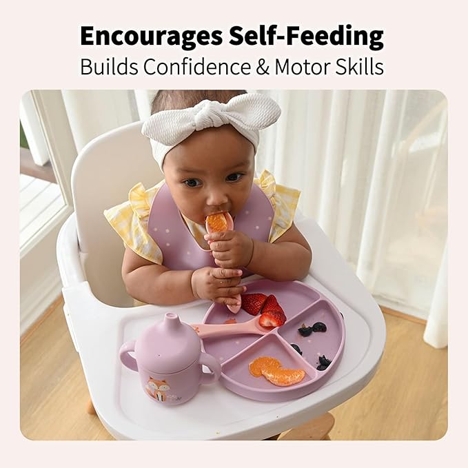 Little Rawr Baby Led Weaning Bundle, 100% Silicone Baby Feeding Set Includes Divided Plate, Suction Bowl, Straw Cup, Bib, Spoon & Fork, Develops Self Feeding Skills, Dishwasher Safe (Purple)