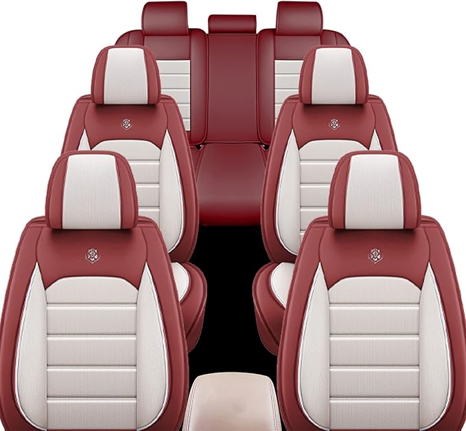 JOJ Car Seat Cover Fit for Toyota Highlander 2001-2025,7 Seat Car Seat Cover,No-Slip Waterproof Breathable Faux Leather Automotive Seat Covers Auto Interior Covers,Full Set,Cream Red