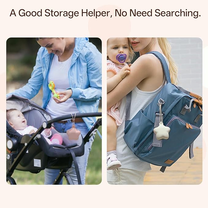 Silicone Pacifier Holder Case, Baby Silicone Pacifier Case Holders for Diaper Bag, Pacifier Pouch Container for Girl Boy, Easy Clean, 2 Pack Stars, Khaki + Pink
