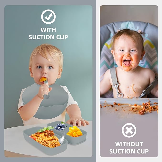 Travel Silicone Baby Feeding Set with 316 Stainless Steel Spoon & Fork,Silicone Suction Plates, Foldable Bib, Storage Bag - Portable Infant Toddler Utensils, 6-Piece BPA-Free Dishware Kit（gray）