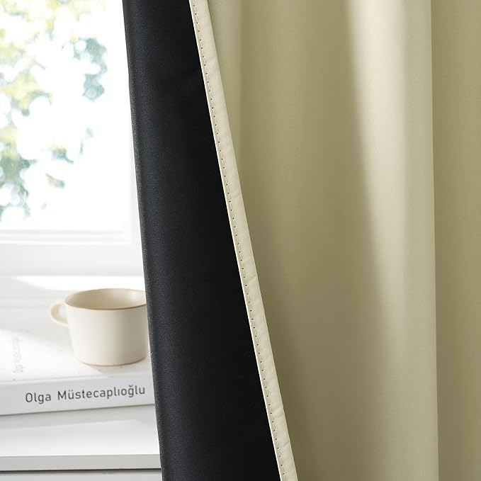 RYB HOME 100% Blackout Bathroom Curtains Over Sink 30 inches Long, Heat & UV Blocking Total Room Darkening Noise Reducing Curtains for Basement RV Campers, Beige, 2 Panels Set