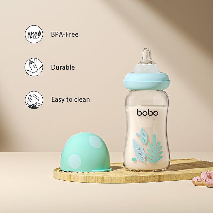YOHKOH Natural Glass Baby Bottle with Natural Response Nipple, Newborn Anti-Colic Baby Bottles, Wide Neck Mushroom Cap Baby Bottle, Clear ((5.4oz (Pack of 2), Blue-A)