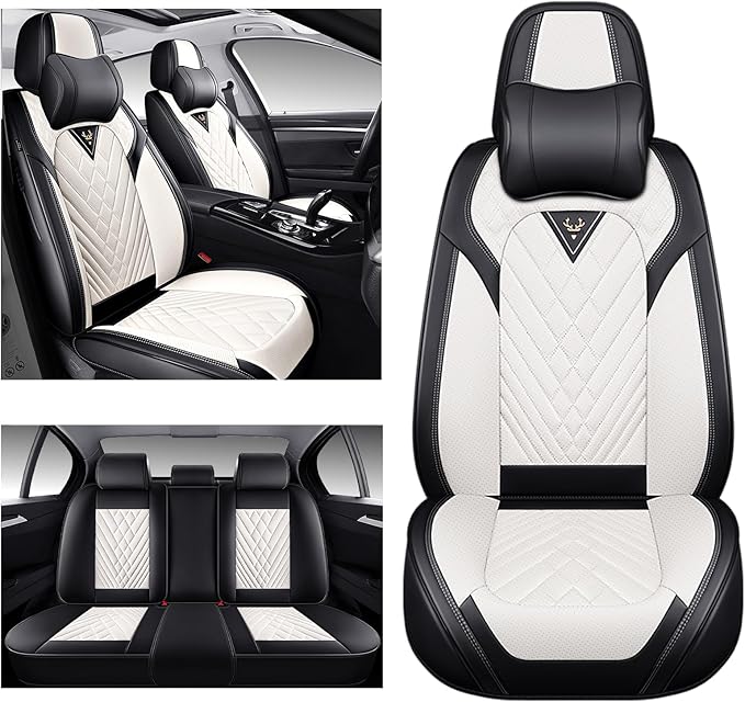 Car Seat Covers,Waterproof PU Leather Automotive Seat Covers Full Set for Cars SUV Truck Sedan,Universal Anti-Slip Seat Protector Breathable Seat Cover (5 Seat-Headrest,Creamy White)