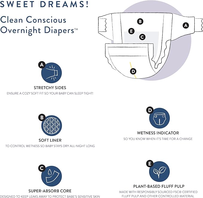 The Honest Company Clean Conscious Overnight Diapers for Sensitive Skin, Hypoallergenic Fragrance-Free Baby Diapers, Cozy Cloud and Star Signs Design, Club Box, Size 6 (35+ lbs), 34 Count